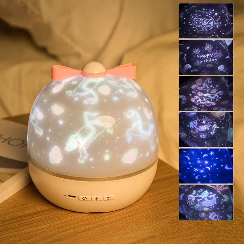 Novelty music starry sky projector lamp romantic fun atmosphere led night  light creative children's birthday gift gift Rechargeable-white lampshade  (6 sets of films)
